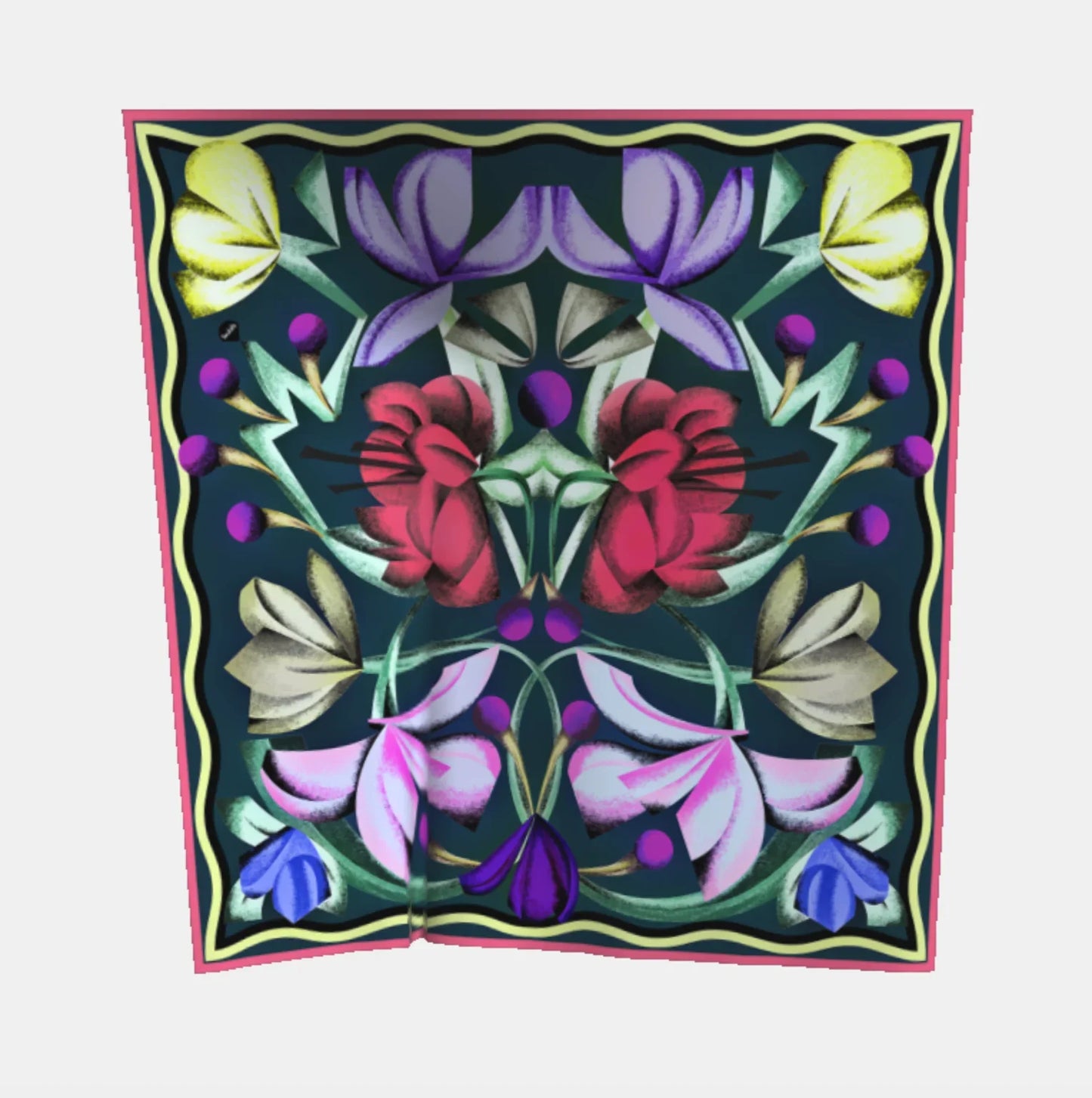 Animiertes, bunt gemustertes Tuch mit roten Rosen und floralen Motiven auf dunklem Hintergrund.