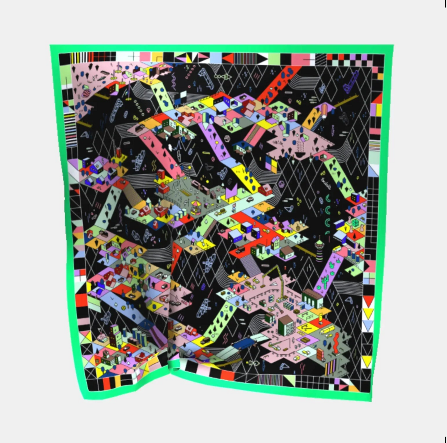 Bunte, animierte LEGO-Stadt auf schwarzem Hintergrund mit geometrischen Mustern, City AMA Design.