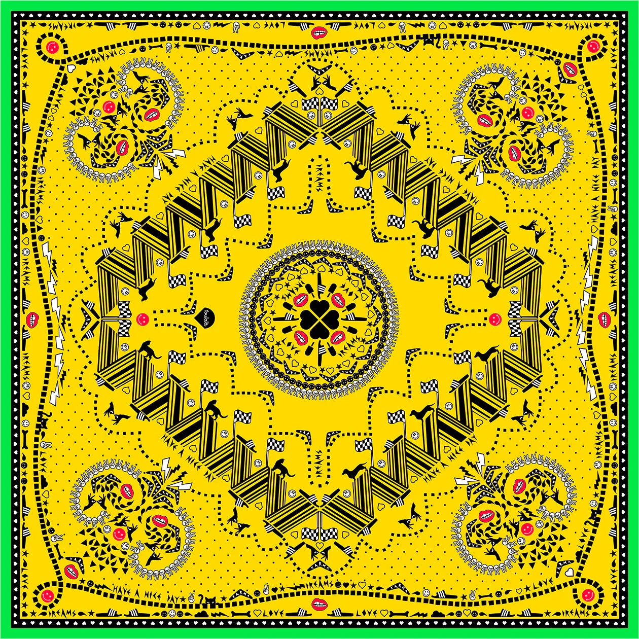 Gelbes Bandana mit abstraktem schwarz-grünem Muster, Nike Swoosh, dekorativer Rand