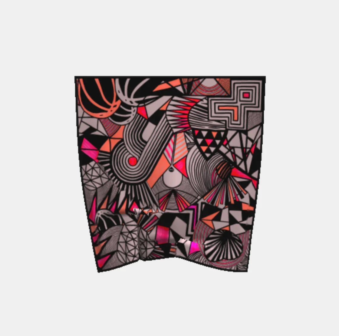 Bunte Verpackung mit abstraktem geometrischem Muster in Pink, Rot und Schwarz, Produktdesign