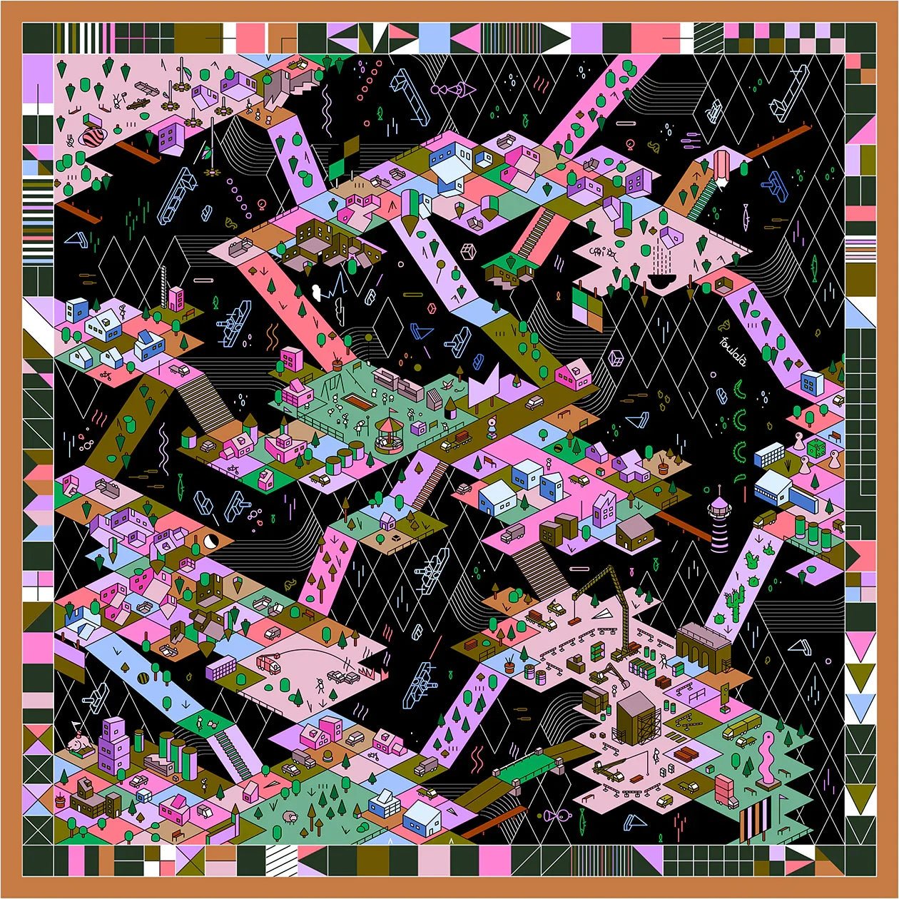 Bunte, abstrakte Stadt-Illustration mit Gebäuden, Straßen, Industrie und geometrischen Mustern. Seidentuch mit geometrischem Muster