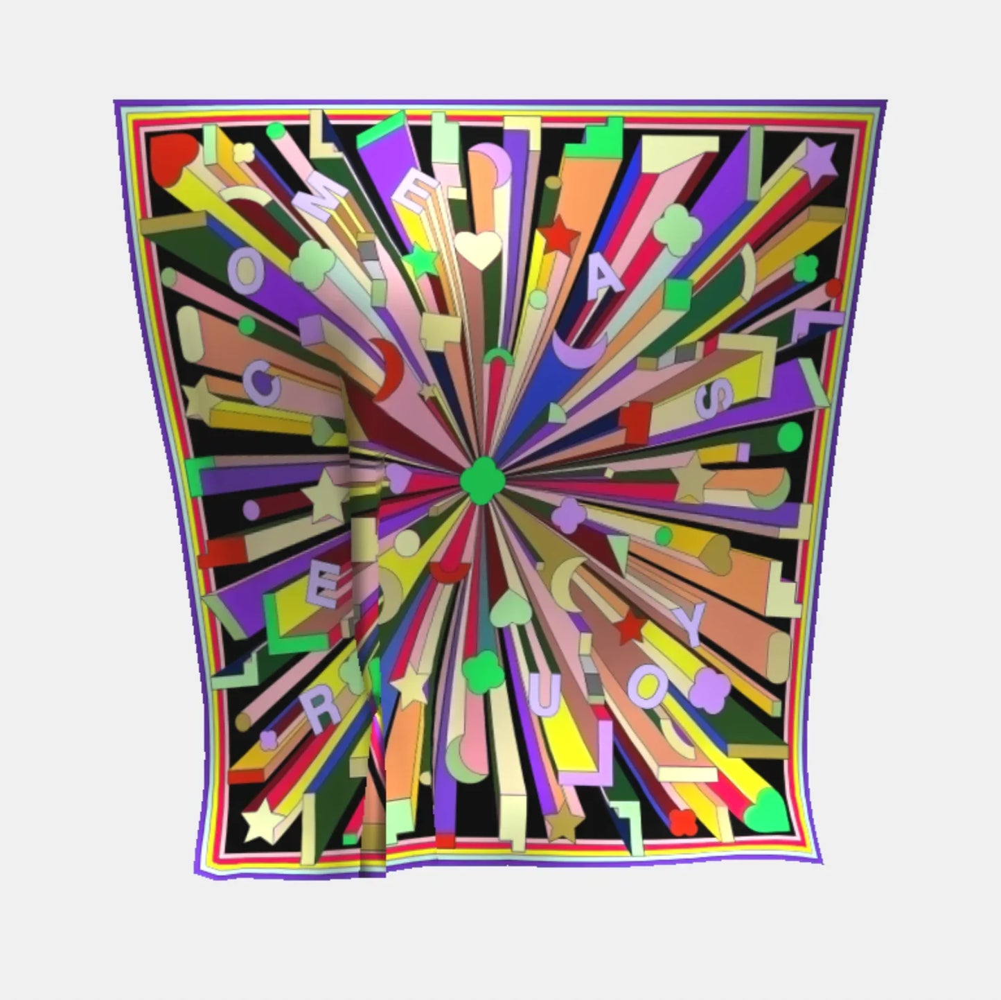 Buntes grosses Halstuch Grand Foulard von Foulala mit geometrischen Mustern, Sternen und Schriftzug 'COME AS YOU ARE' auf dunklem Hintergrund