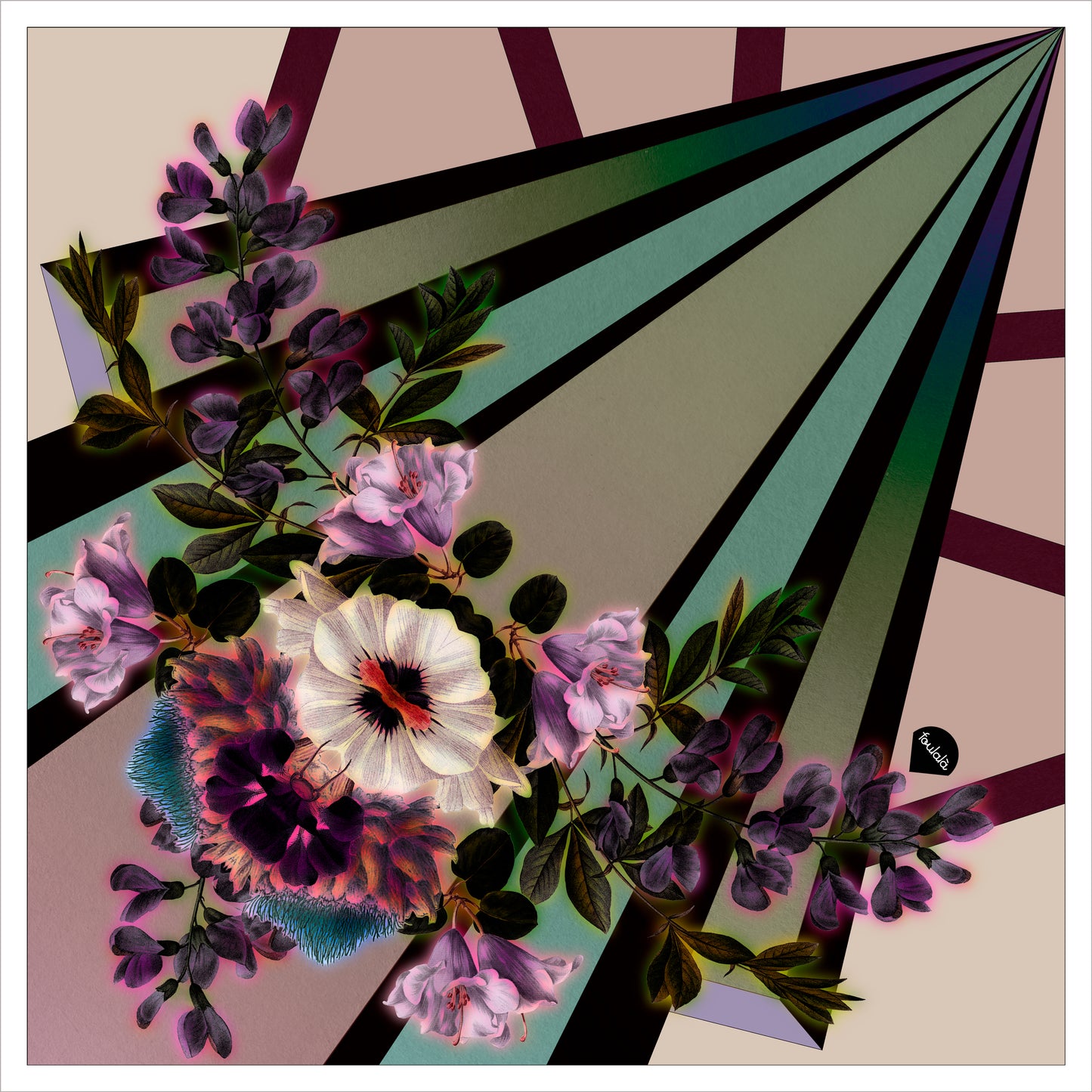 Foulala FLOWERGALAXIS hyacinth Seidentuch Damen aus 100 % Seide Foulard grün rosa lila bunt Schweizer Design aus Luzern