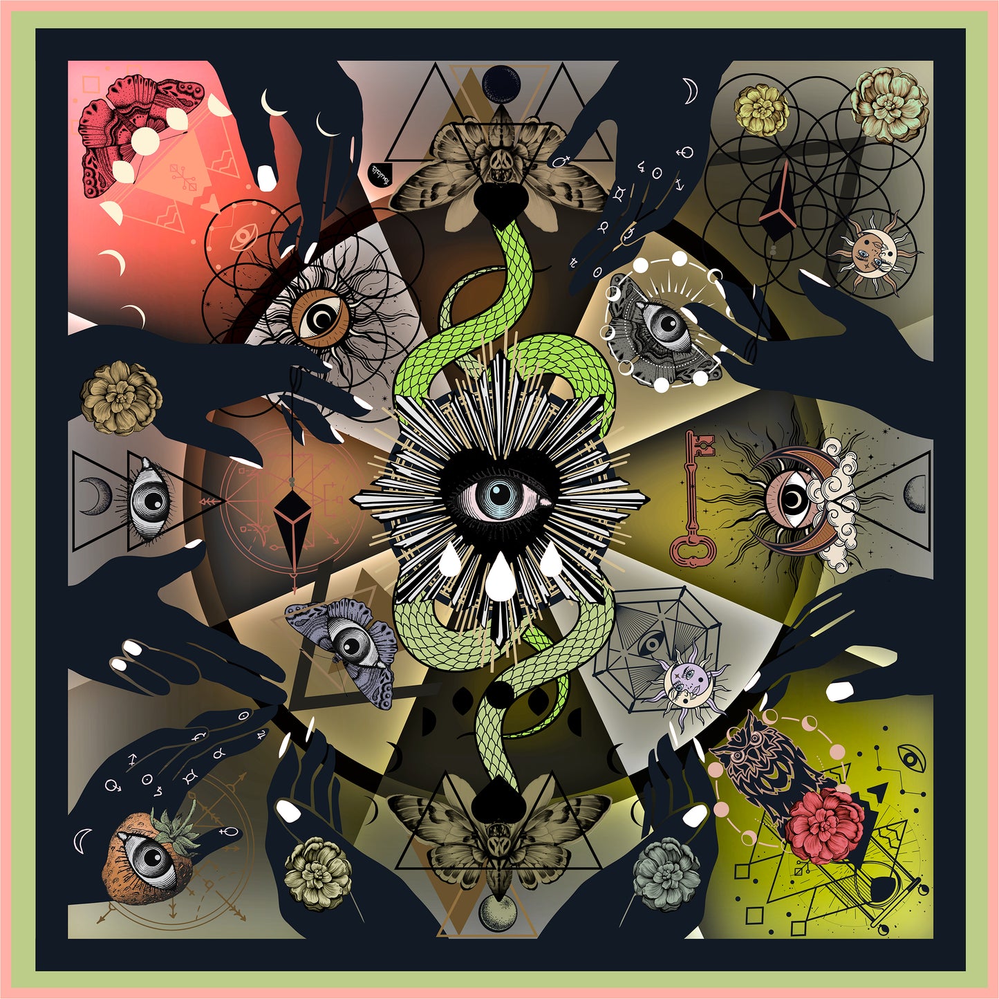 Foulala Grand Foulard TAROT Lime aus Seide Muster Geometrisch Damen Schweizer Design