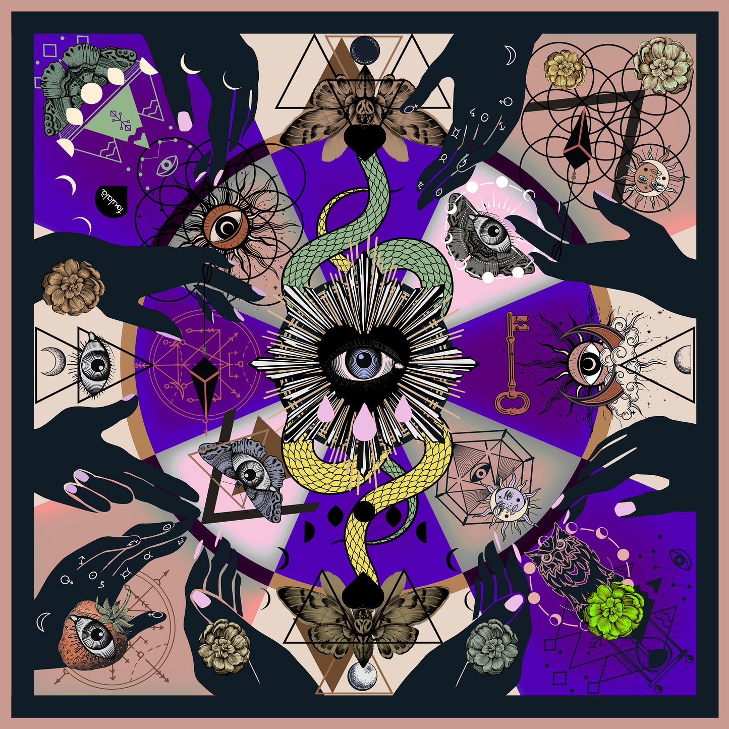 Foulala TAROT bluette Foulard Damen Nicki Seidentuch in Farbe violett rosa schwarz bunt aus 100% Seide Schweizer Design aus Luzern