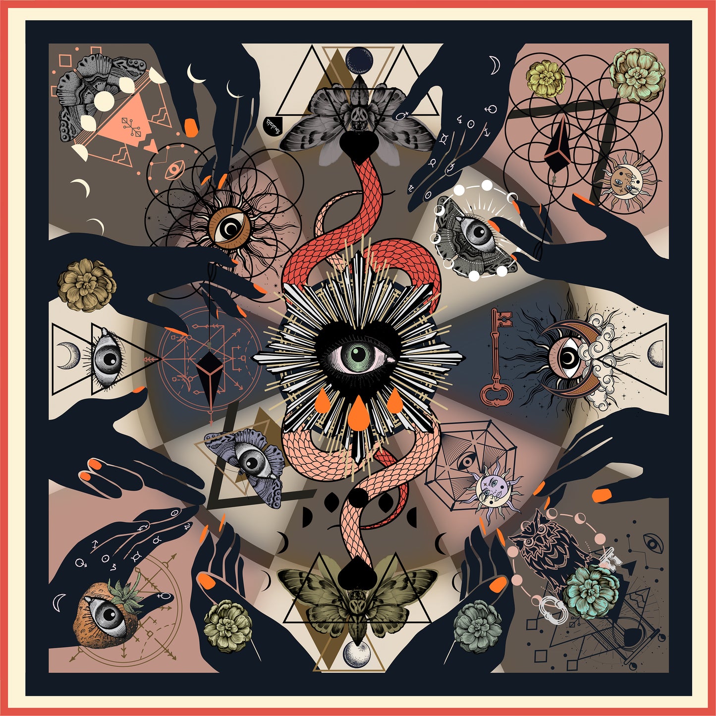 Foulala TAROT coral Carré Foulard Damen Seidentuch in Farbe korall puder grau schwarz bunt aus 100% Seide Schweizer Design aus Luzern
