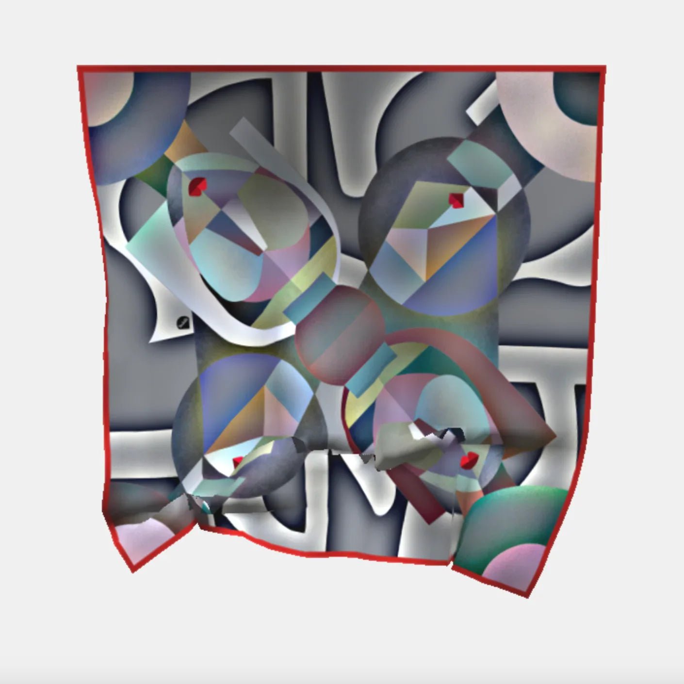 Silberne, abstrakte Maskerade-Maske mit bunten geometrischen Formen auf weißem Hintergrund.