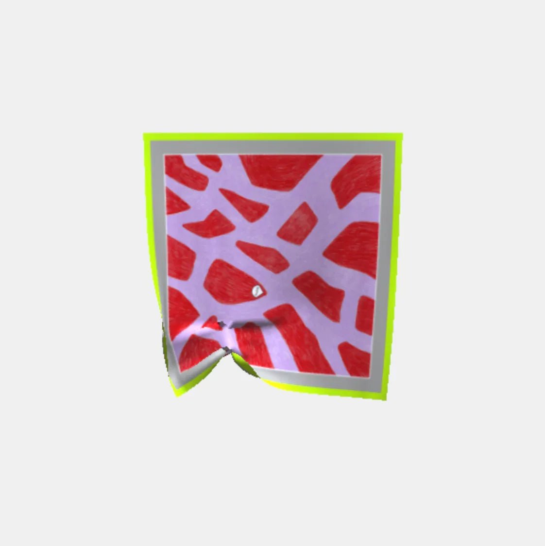 Animiertes Tuch mit rot-lila Giraffenmuster und grünem Rand auf weißem Hintergrund