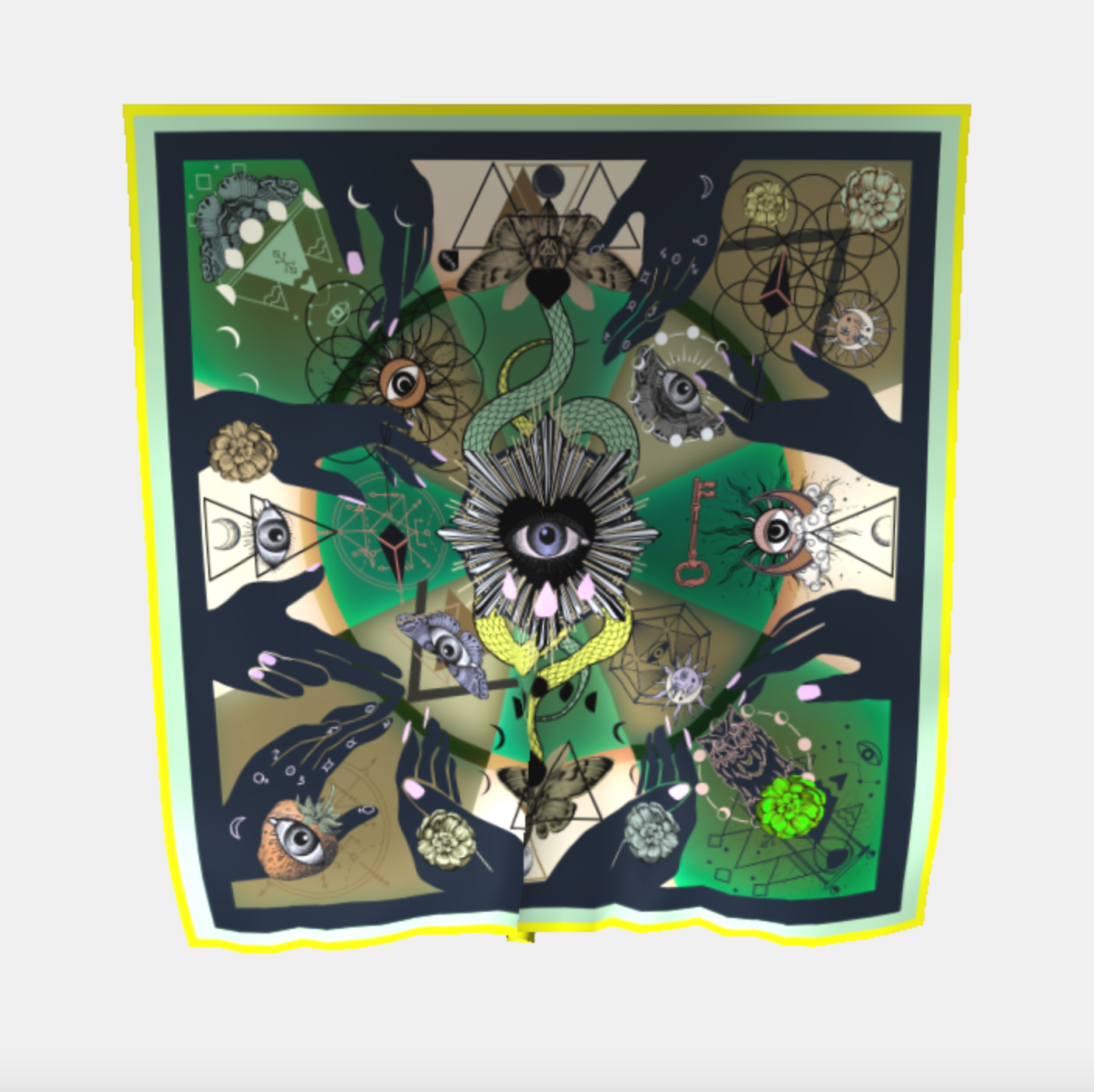 Foulala TAROT green Grand Foulard Damen Seidentuch in Farbe grün olive bunt aus 100% Seide Schweizer Design aus Luzern