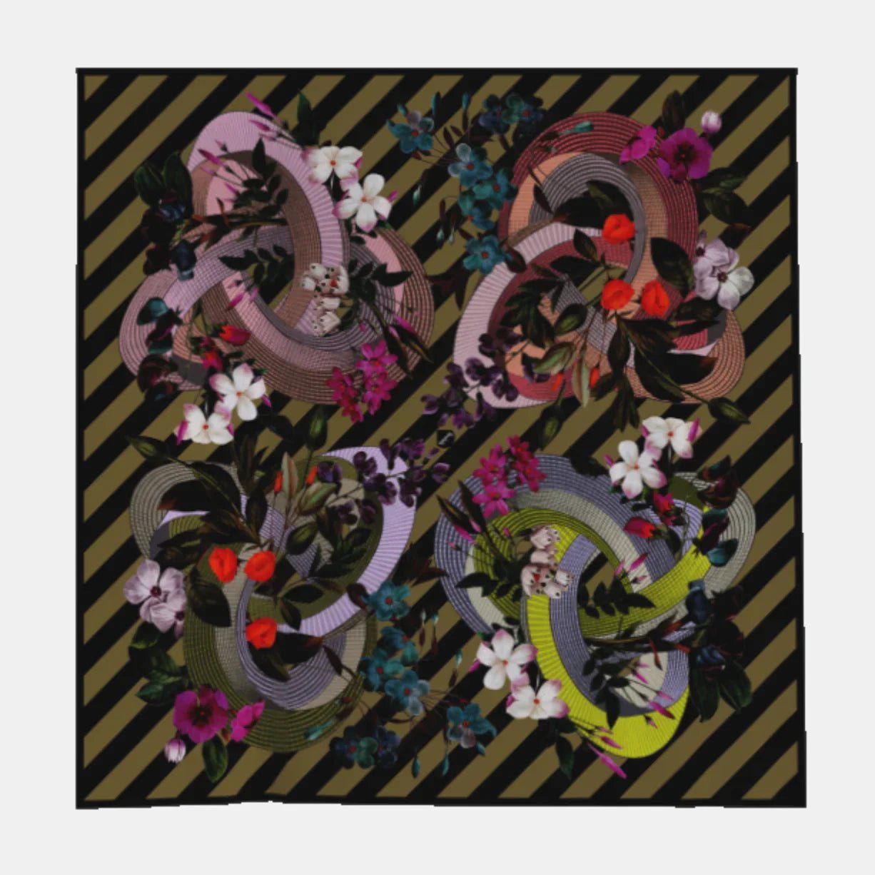 Florales Muster auf Seidentuch mit bunten Blumen und grafischen Kreisen, diagonale Streifen