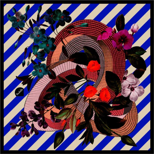 Florales Muster mit bunten Blumen, geometrischen Linien auf blau-weiß gestreiftem Hintergrund, Design-Textil.