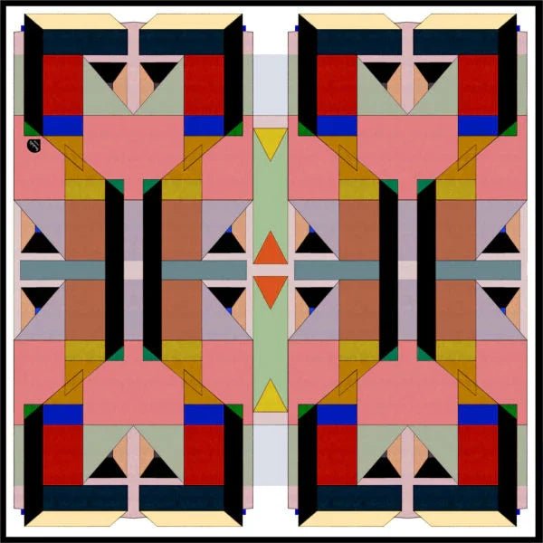 Buntes geometrisches Muster mit symmetrischer Anordnung, moderne Wandkunst, abstraktes Design