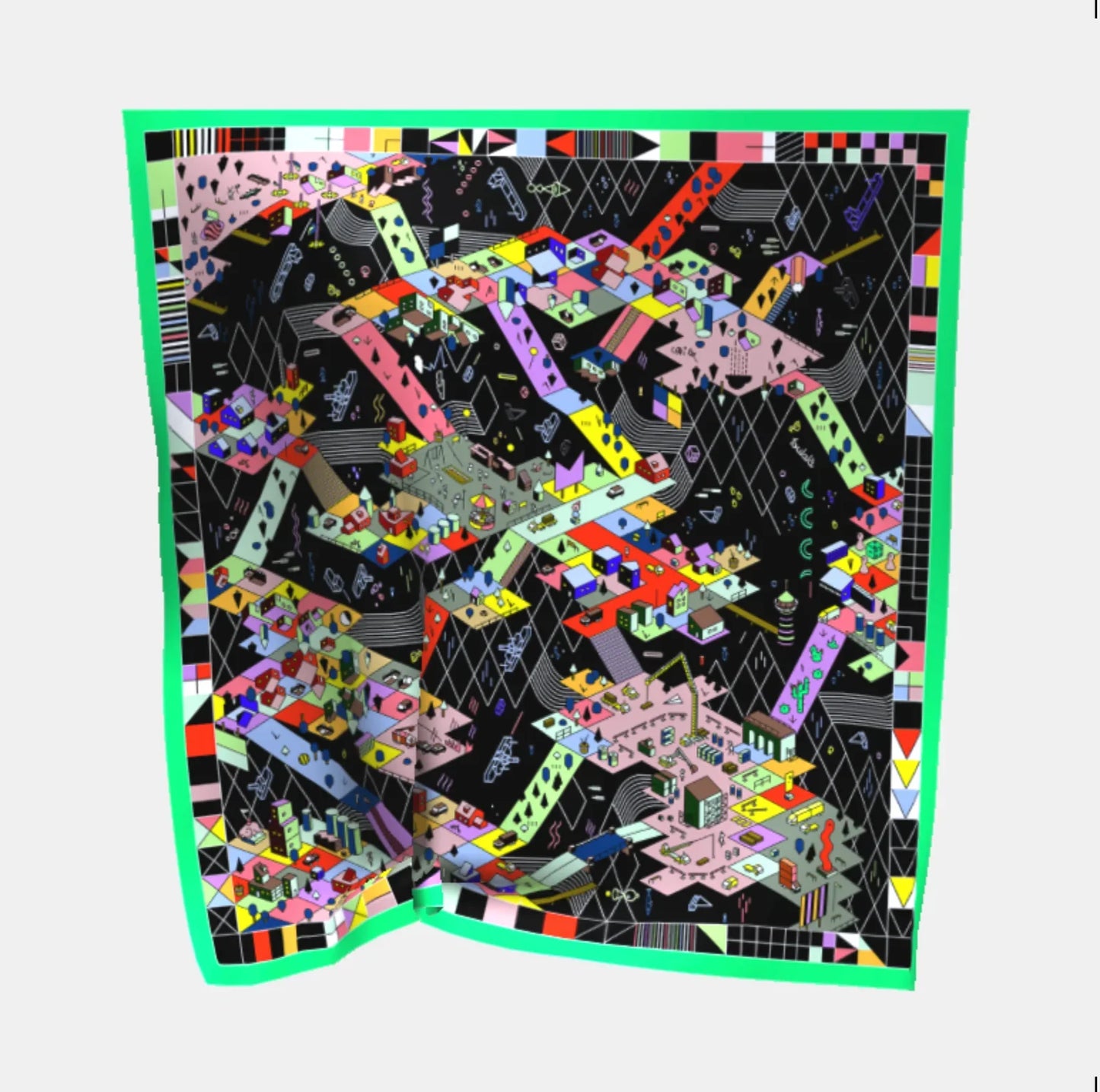 Bunte, animierte LEGO-Stadt auf schwarzem Hintergrund mit geometrischen Mustern, City AMA Design.