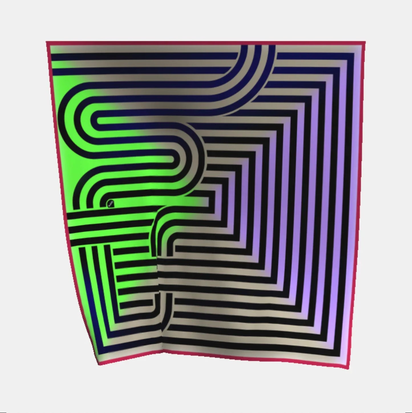 Abstraktes Muster mit schwarzen Linien, neonfarbenem Grün und Lila auf gerundeter Fläche