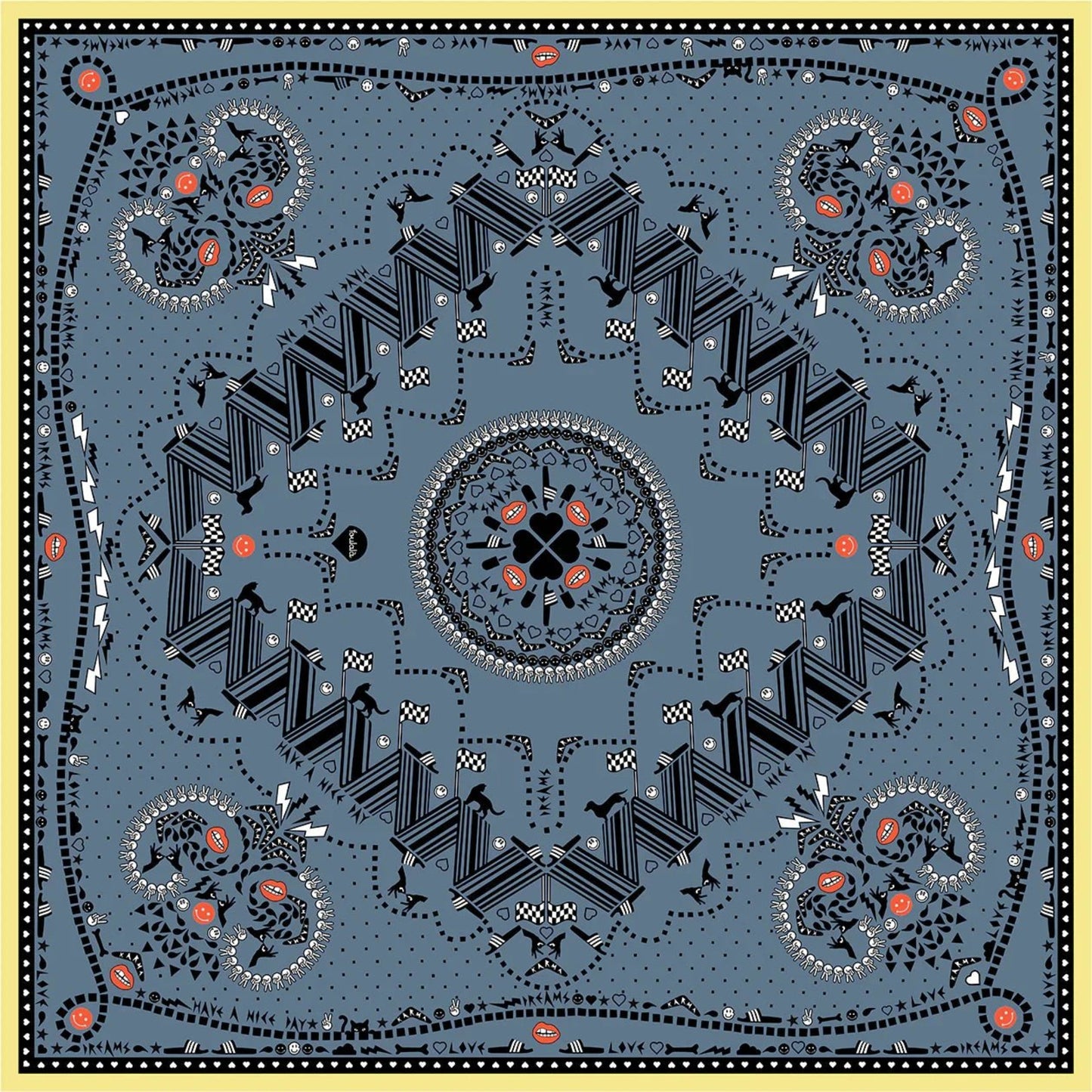 Graues Bandana Foulard von Foulala mit abstraktem Muster und roten Akzenten, dekoratives Accessoire Design.