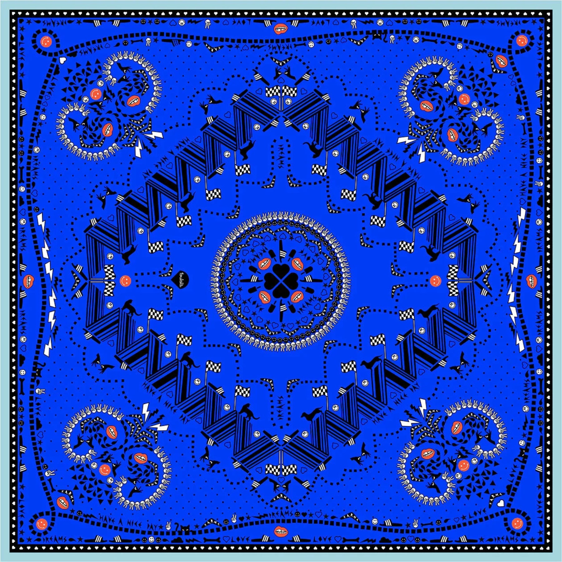 Blaues Bandana mit geometrischem Muster, Kreis- und Tiermotiven, grafische Details, Streetwear-Accessoire
