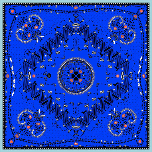 Blaues Bandana mit geometrischem Muster, Kreis- und Tiermotiven, grafische Details, Streetwear-Accessoire