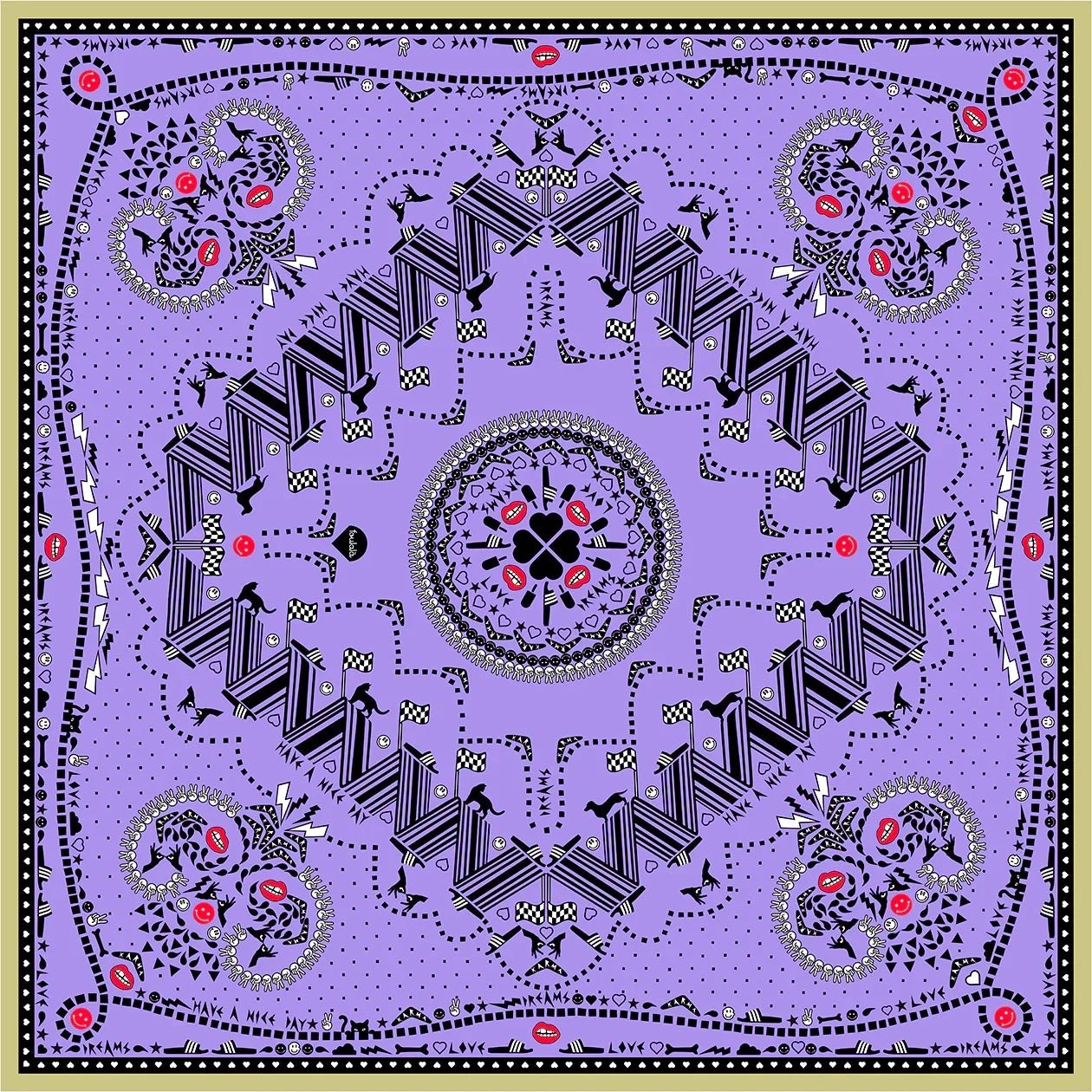 Lila Bandana mit schwarz-weißem Mustermix, roten Akzenten und geometrischen Designs.