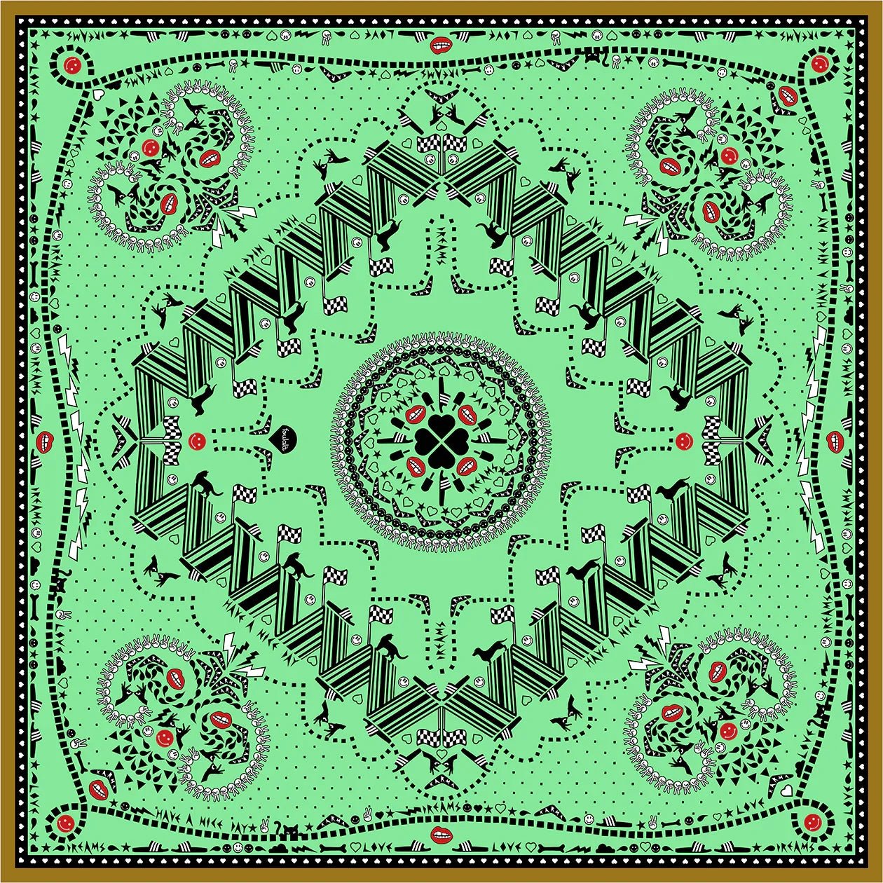 Grünes Bandana mit schwarzem geometrischem Muster und roten Akzenten im Paisley-Stil
