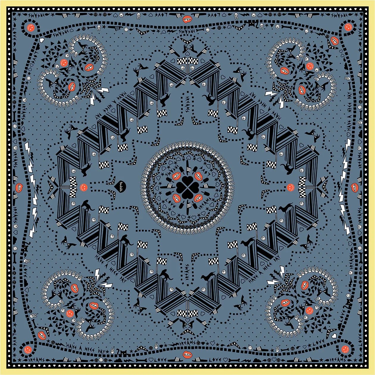 Graues Bandana mit abstraktem Muster und roten Akzenten, dekoratives Accessoire Design.