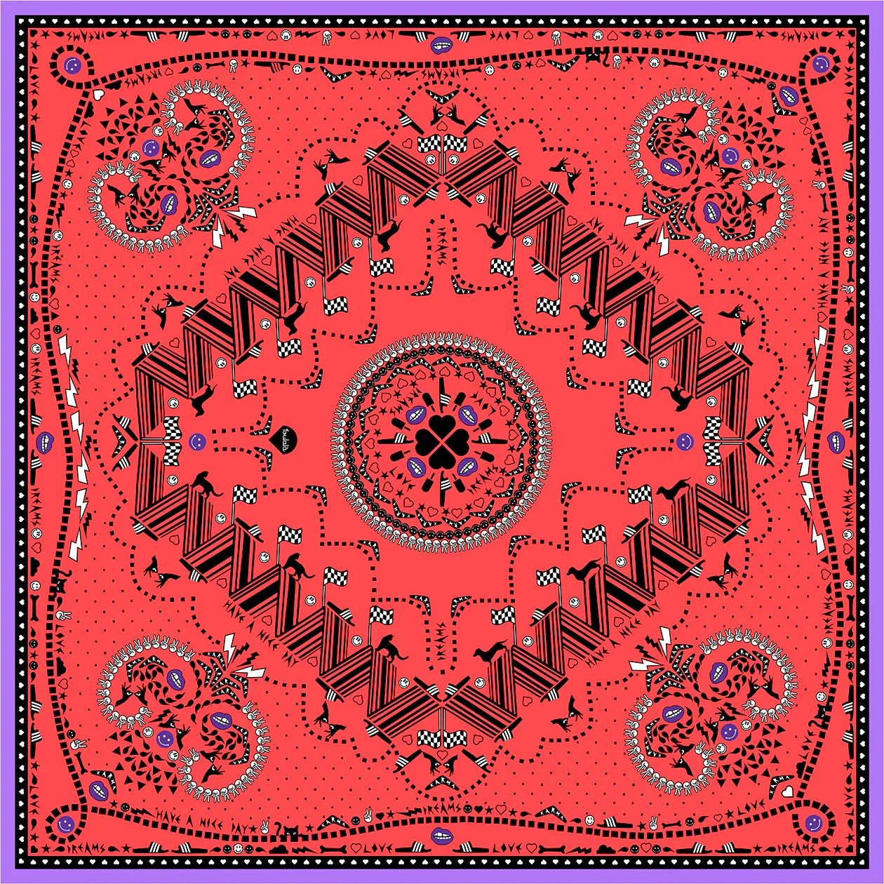 Rotes Bandana-Tuch mit buntem Paisley-Muster, geometrischen Formen und lila Rand. Foulard aus Wolle in Rot mit geometrischem Muster für Frauen Femme Wolltuch