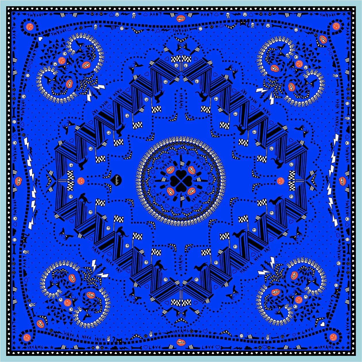 Blaues Bandana mit geometrischem Muster, Kreis- und Tiermotiven, grafische Details, Streetwear-Accessoire