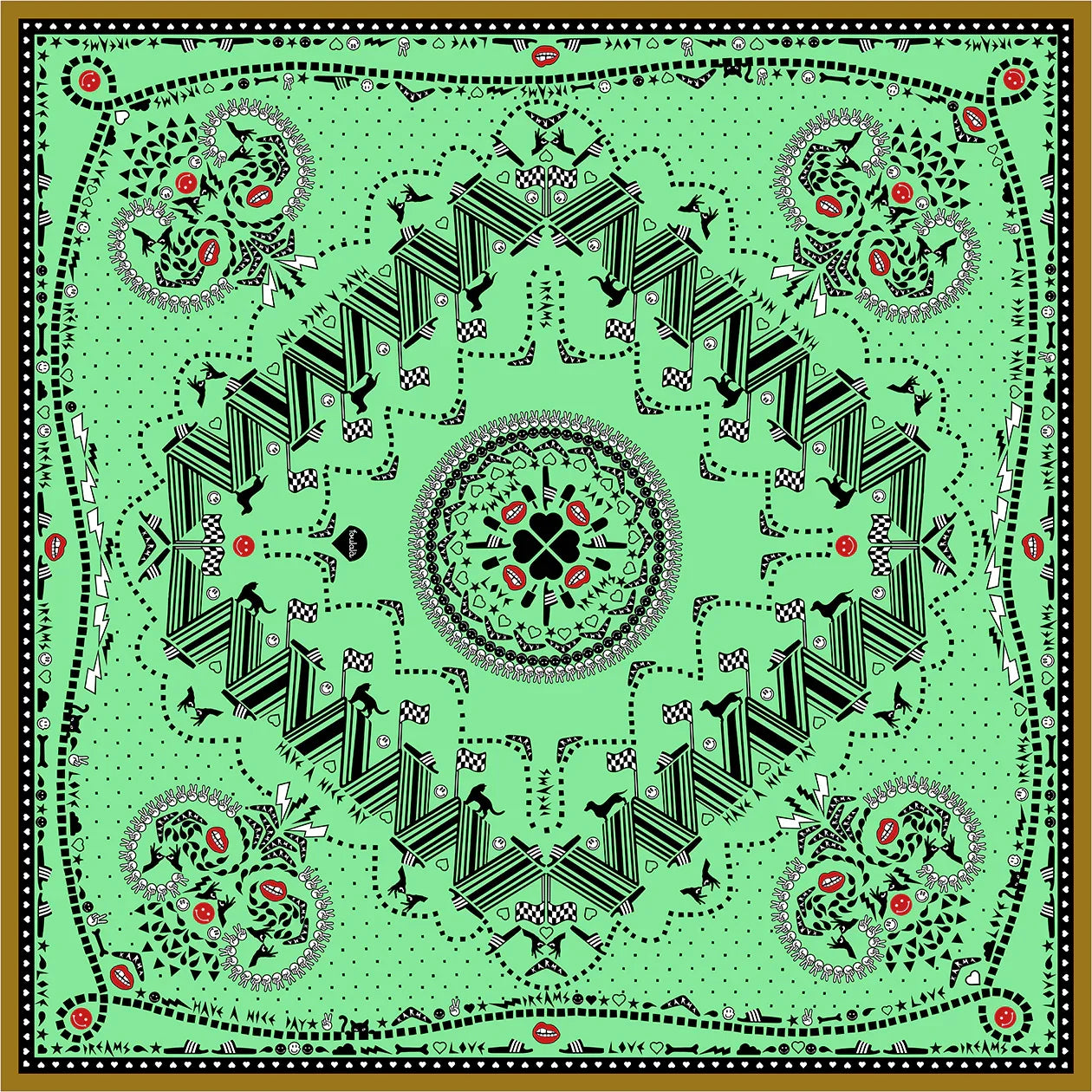 Grünes Bandana mit schwarzem geometrischem Muster und roten Akzenten im Paisley-Stil