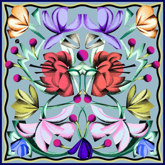 Buntes florales Art-Dekor-Muster auf blauem Hintergrund mit stilisierten Blumenmotiven.