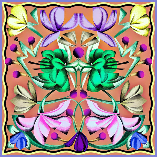 Buntes florales Muster mit stilisierten Blumen auf apricotfarbenem Hintergrund, Wolltuch Orange mit Blumenmuster für Frauen Femme