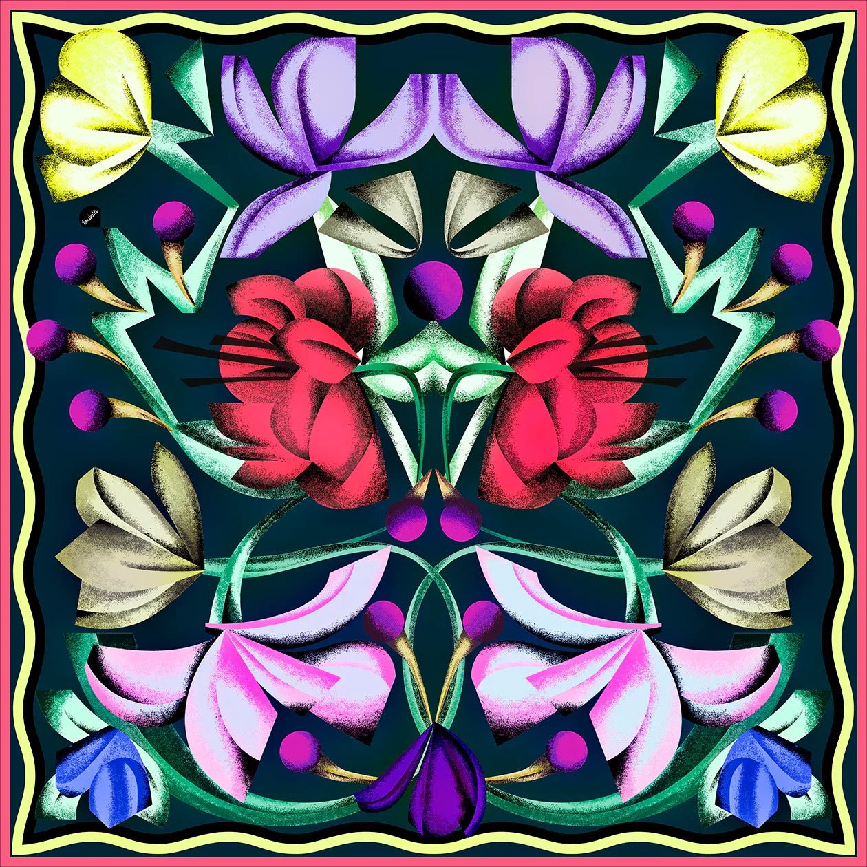 Buntes Seidentuch mit floralem Muster, rote, violette und gelbe Blumen auf dunklem Hintergrund