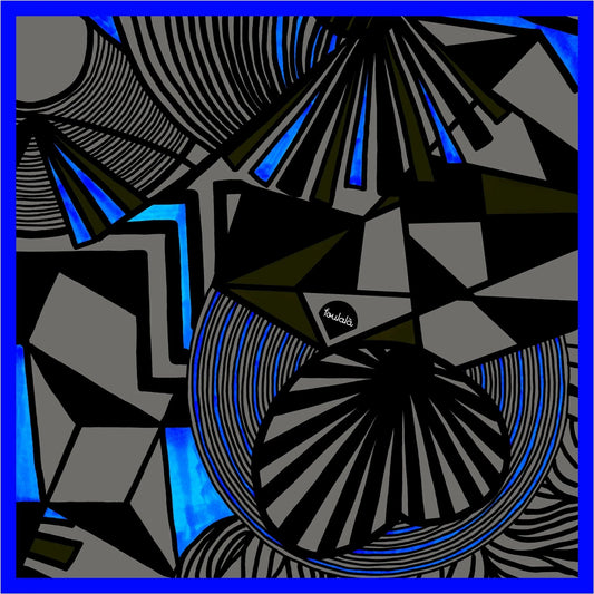 Abstrakte Kunst mit schwarzen Geometrien und blauen Akzenten auf grauem Hintergrund
