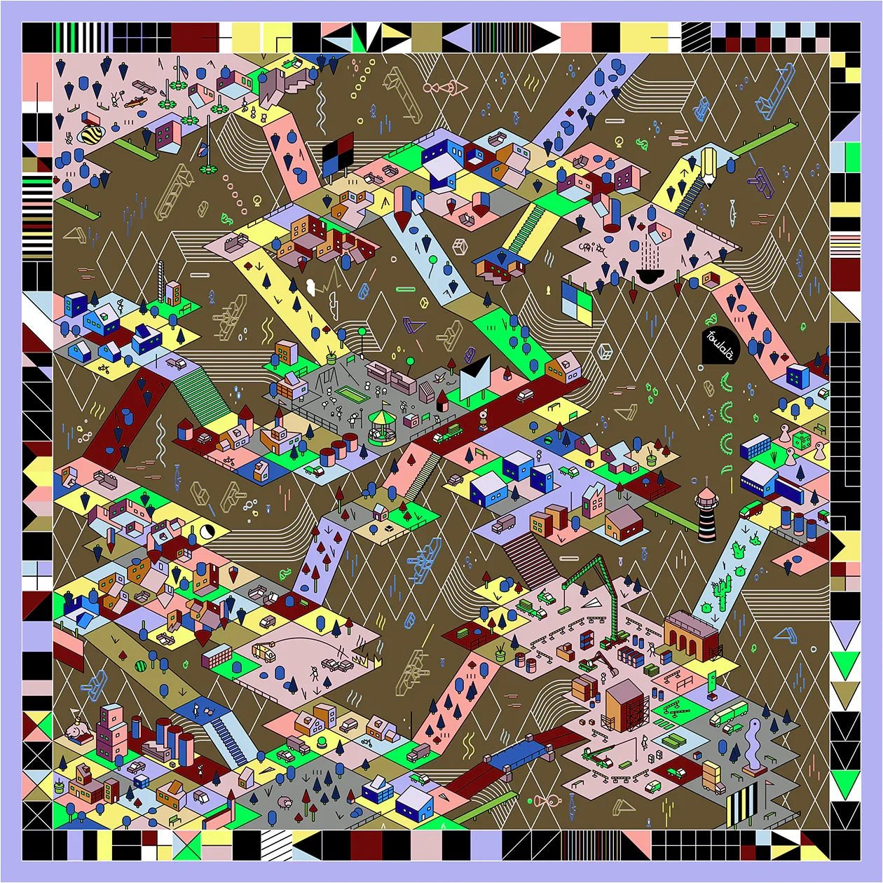 Bunte abstrakte Stadtillustration auf braunem Hintergrund mit geometrischen Mustern und Gebäuden. Seidentuch für Damen von Foulala, Foulard aus Seide, Schweizer Design