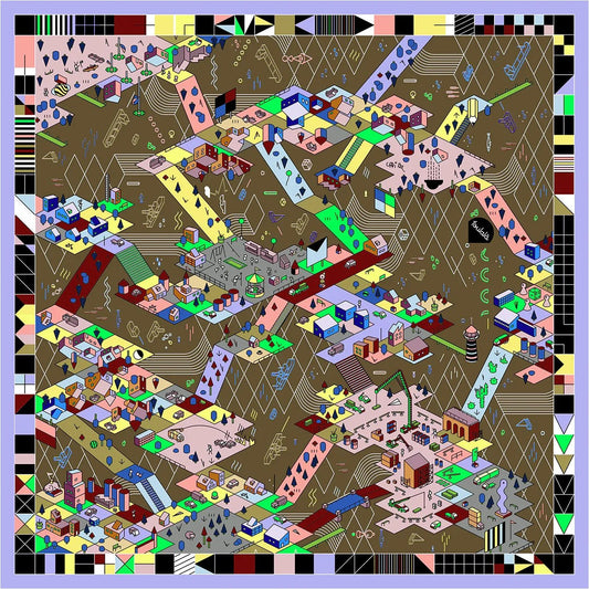 Bunte abstrakte Stadtillustration auf braunem Hintergrund mit geometrischen Mustern und Gebäuden. Seidentuch für Damen von Foulala, Foulard aus Seide, Schweizer Design