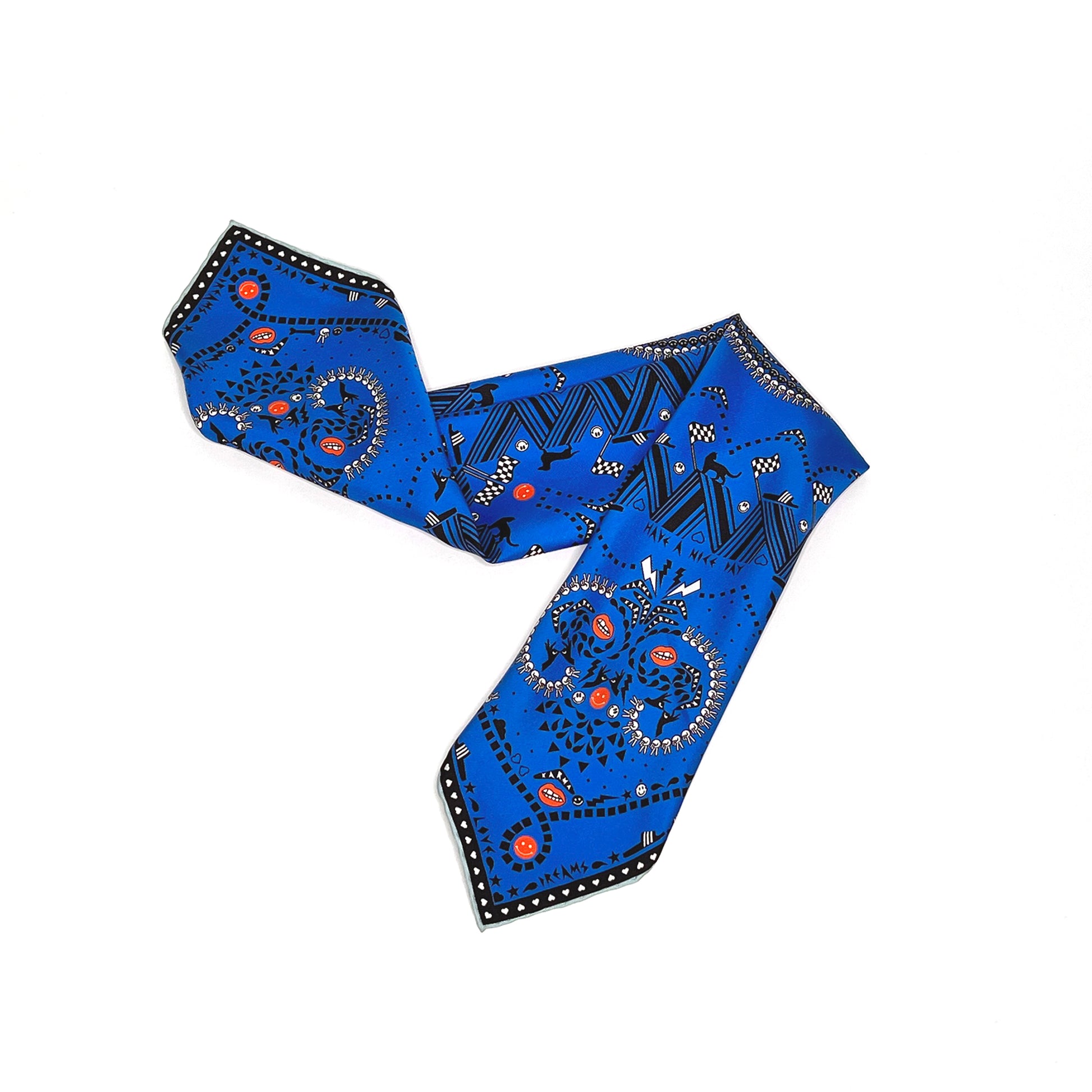 Blaues Nicki-Bandana mit geometrischem Muster, Kreis- und Tiermotiven, grafische Details, Streetwear-Accessoire