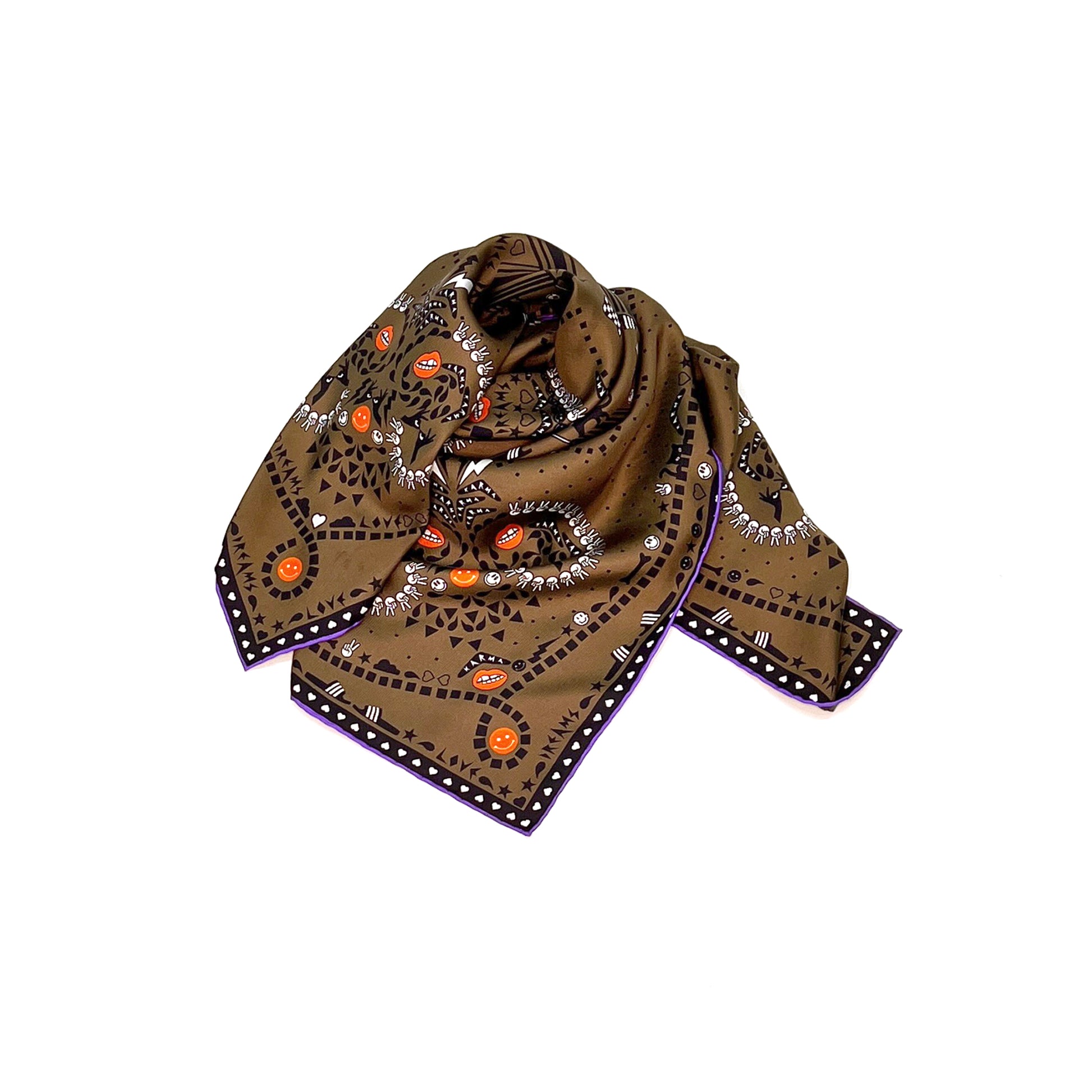 Foulala BANDANA-DRAMA Olive Foulard Muster mit illustrativen Elementen und Lila Details