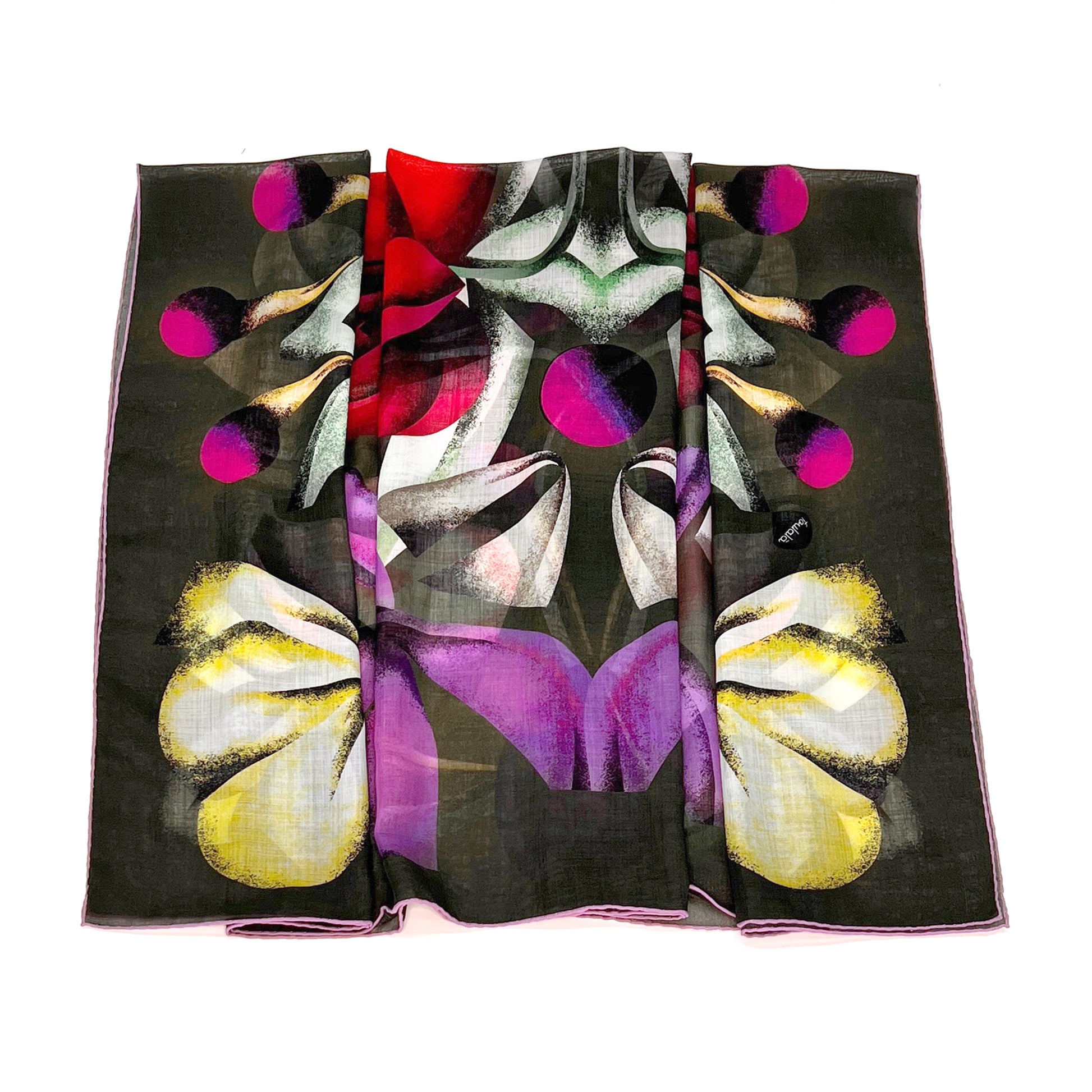 Farbenfrohes, abstraktes Blumenmuster auf dunklem Hintergrund, symmetrisch angeordnet