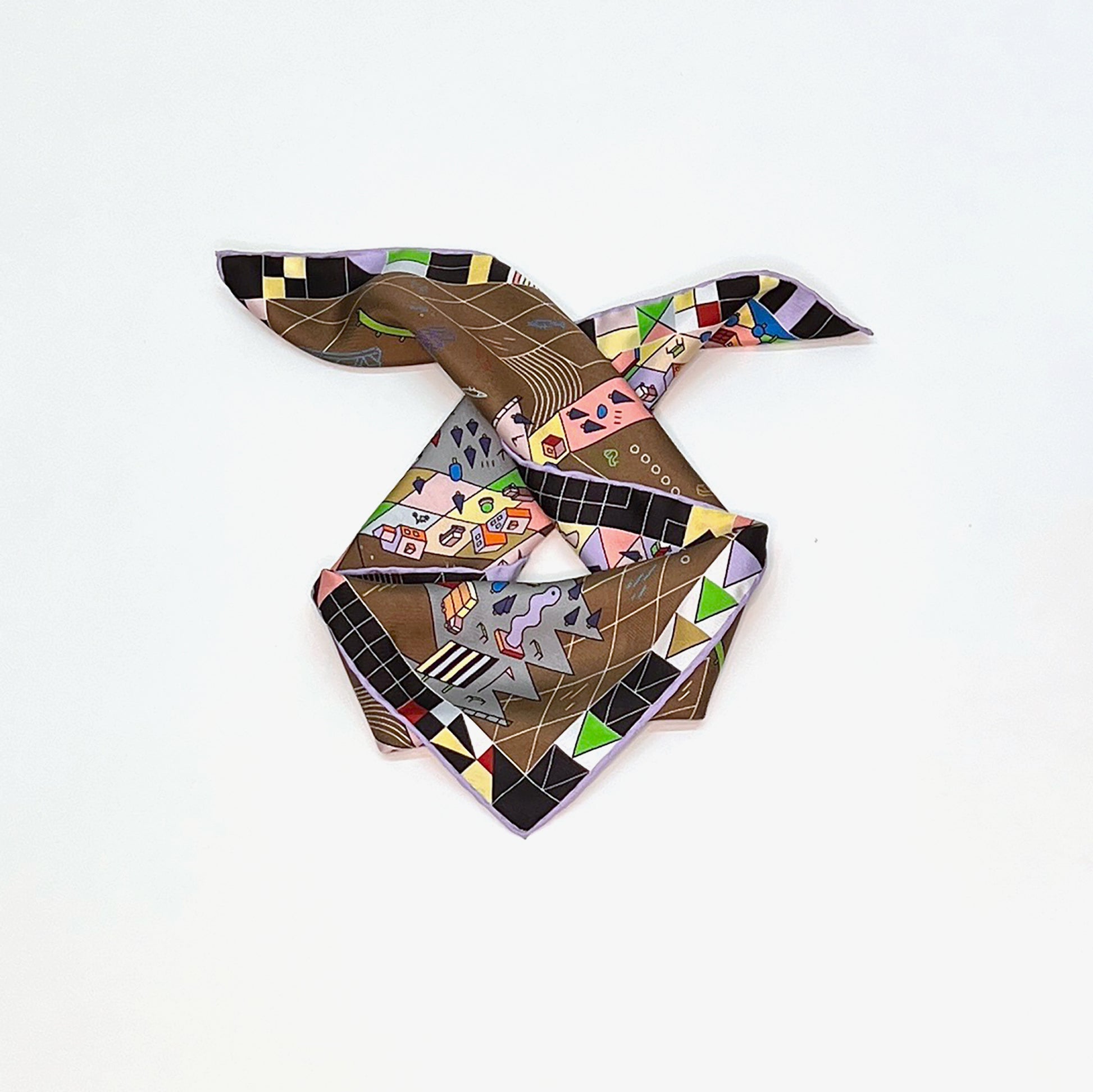 Nicki-Foulard mit bunten, abstrakten Stadt-Illustration mit Gebäuden, Straßen, Industrie und geometrischen Mustern
