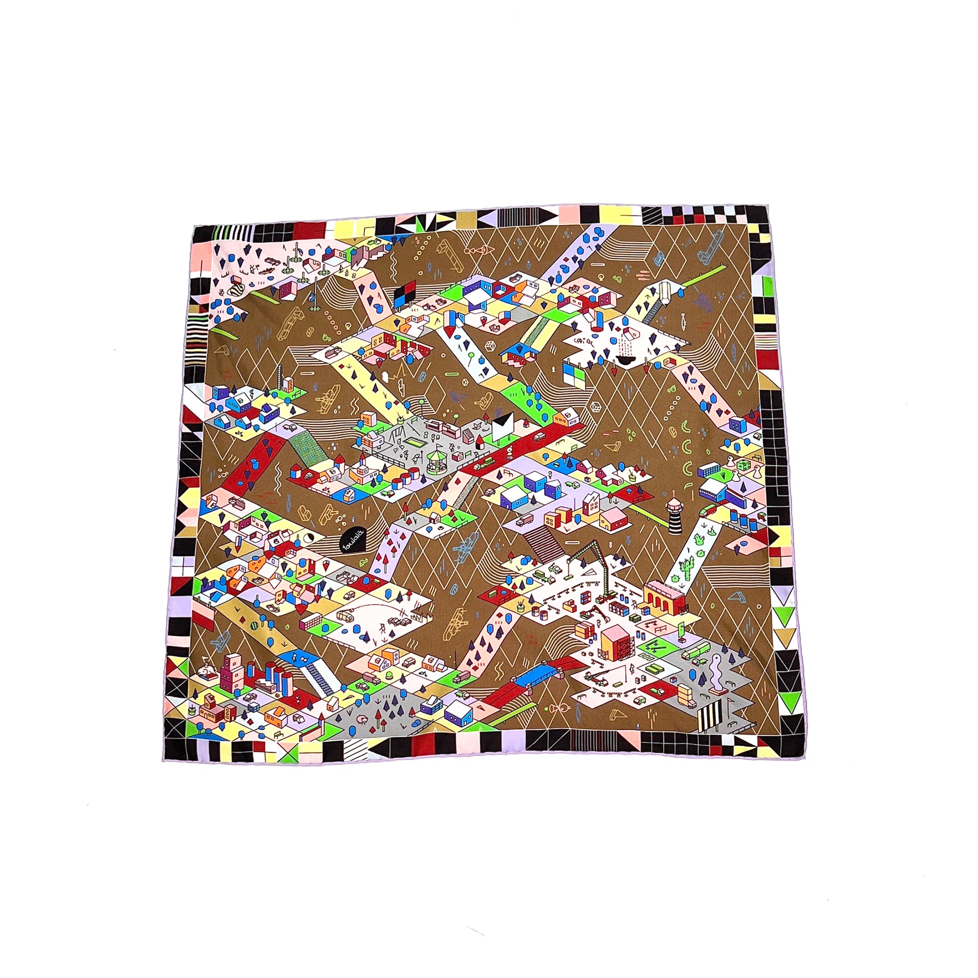 Nicki-Seidentuch mit buntem abstraktem Muster, Stadtmotiv, CITY-AMA Design, quadratisch.