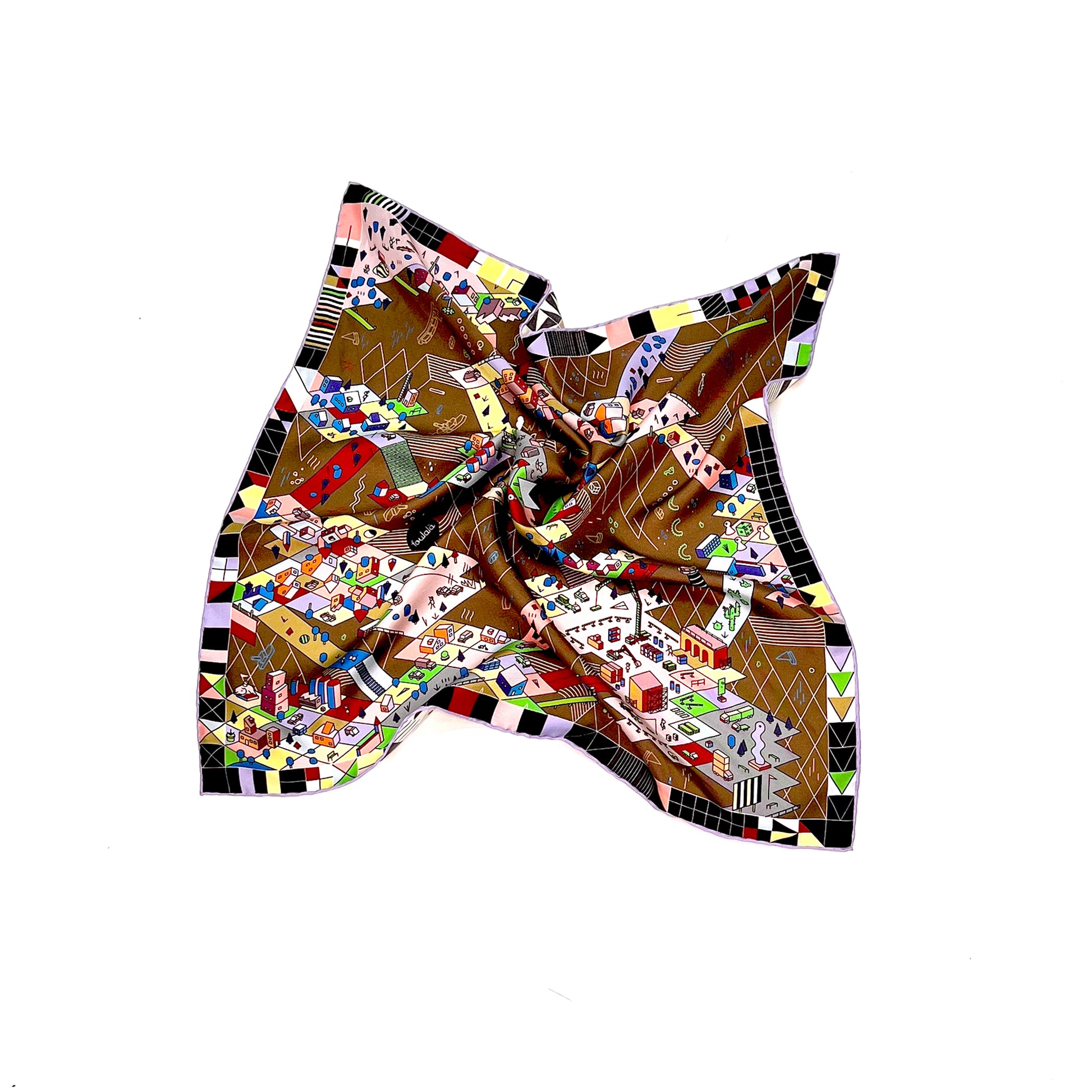 Das CITY-AMA Nicki-Seidentuch mit abstrakter Stadtillustration auf braunem Hintergrund mit geometrischen Mustern und Gebäuden.
