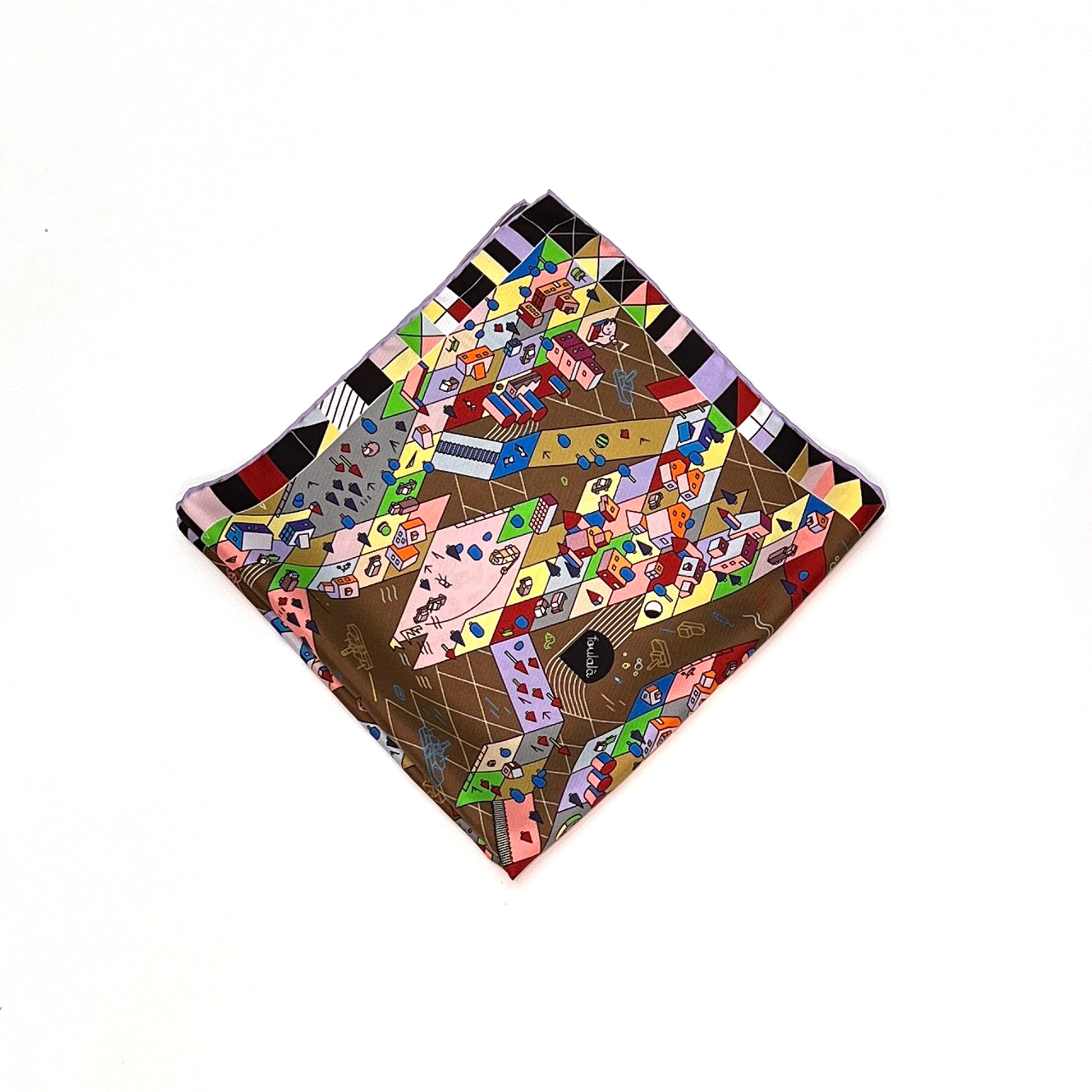 Bunte abstrakte Stadtillustration auf braunem Hintergrund mit geometrischen Mustern und Gebäuden und schwarzem , geometrischen Rand