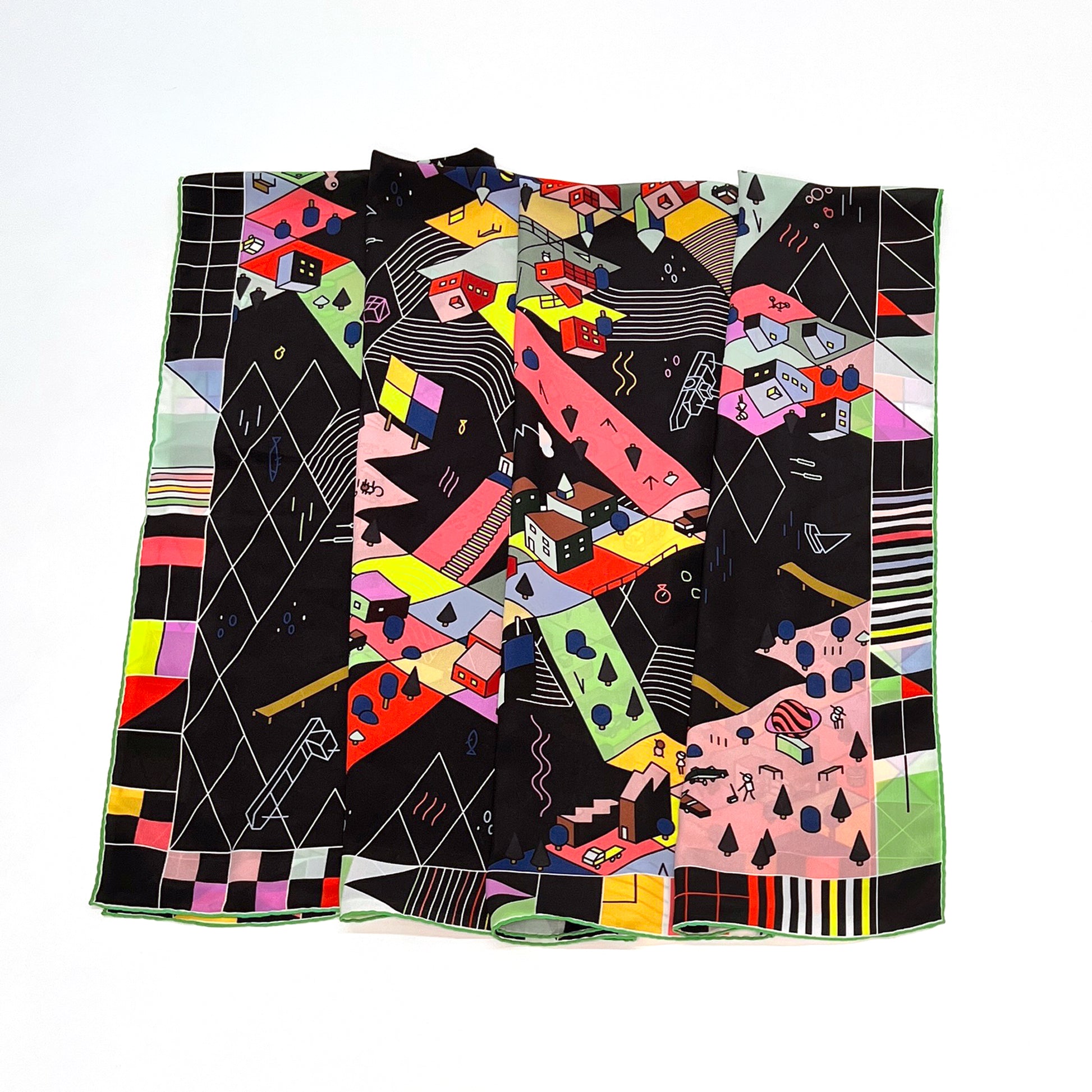 Bunte, animierte LEGO-Stadt auf schwarzem Hintergrund, Seidentuch von foulala aus Luzern