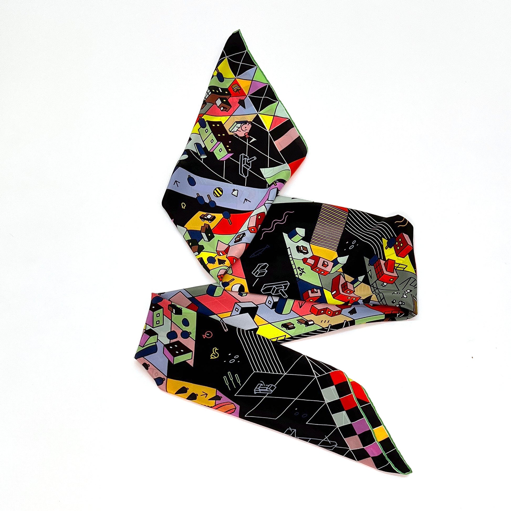 Bunte, animierte LEGO-Stadt auf schwarzem Hintergrund mit geometrischen Mustern, City AMA Design von foulala.