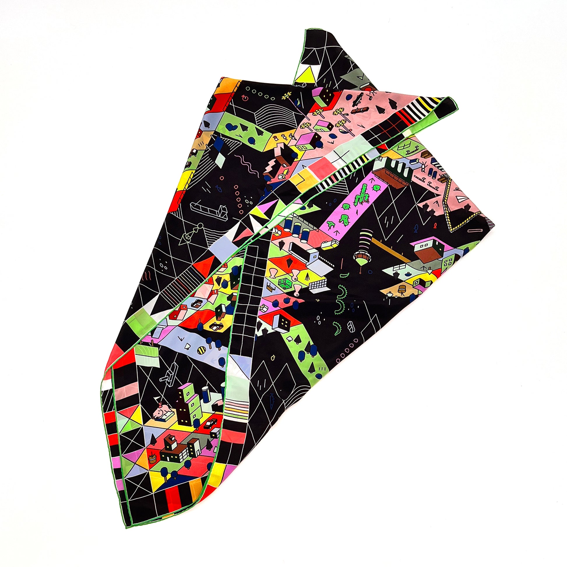 Bunte, animierte LEGO-Stadt auf schwarzem Hintergrund mit geometrischen Mustern, City AMA Design.