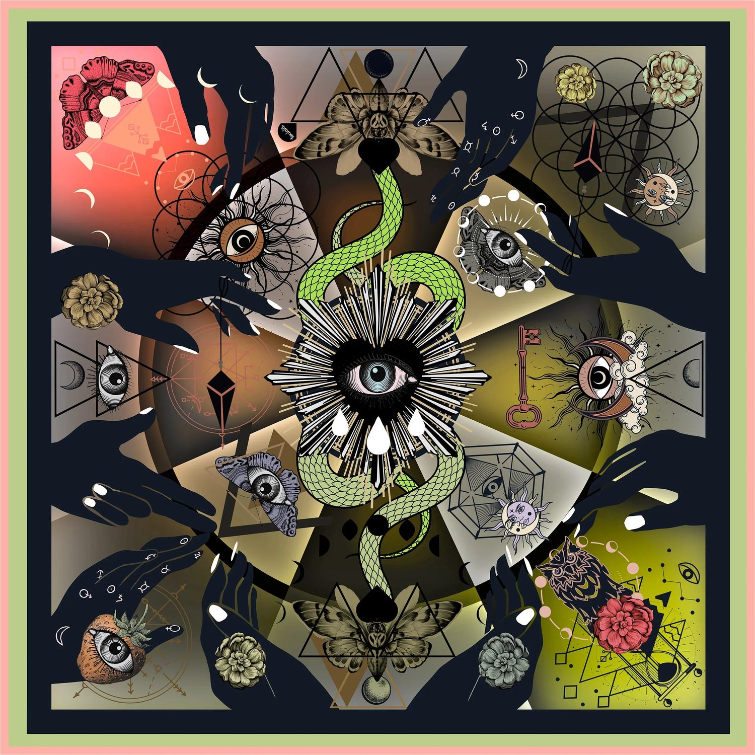 Foulala Grand Foulard TAROT  Lime aus Seide Muster Geometrisch Damen Schweizer Design