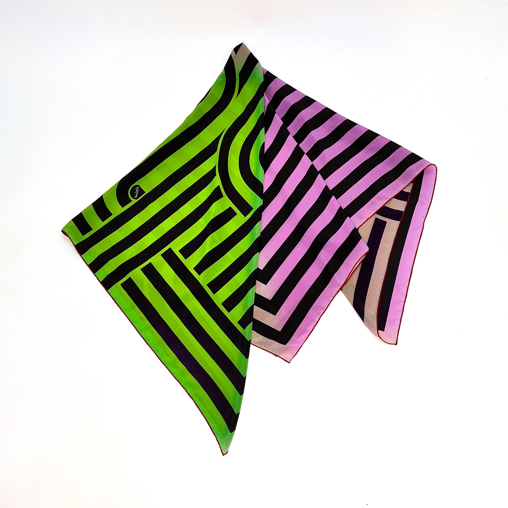 Beometrisches Muster mit schwarzen Linien, neonfarbenem Grün und Lila auf weissem Hintergrund