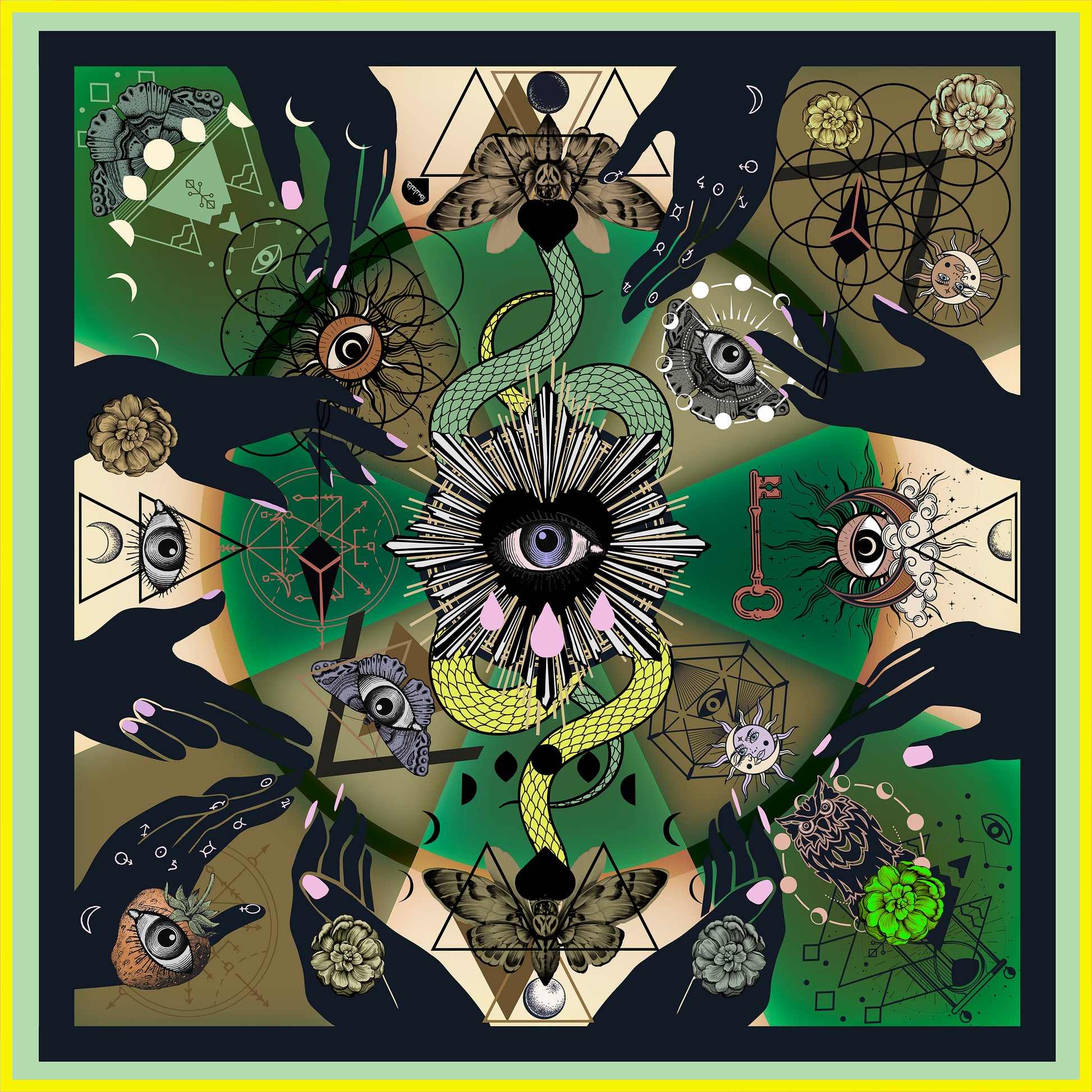 TAROT / Grand Foulard 135 × 135 cm aus Wolle Olive Grün Damen Schweizer Design aus Luzern Foulala