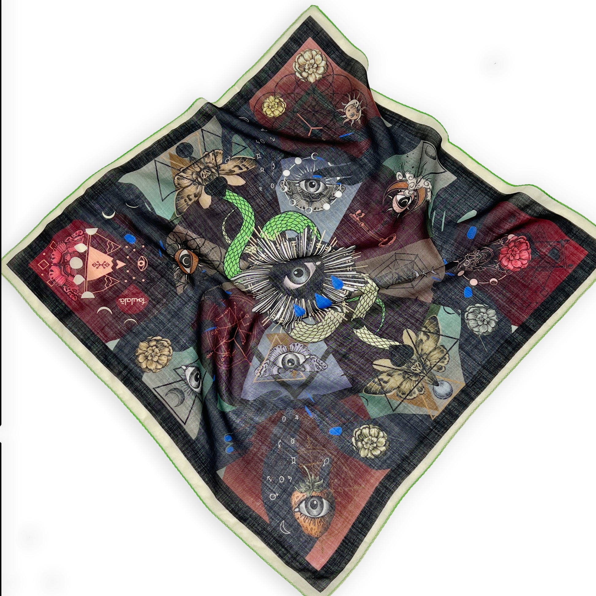 Foulala TAROT bordeaux Nicki Foulard Wolle bordeaux grün schwarz bunt Details