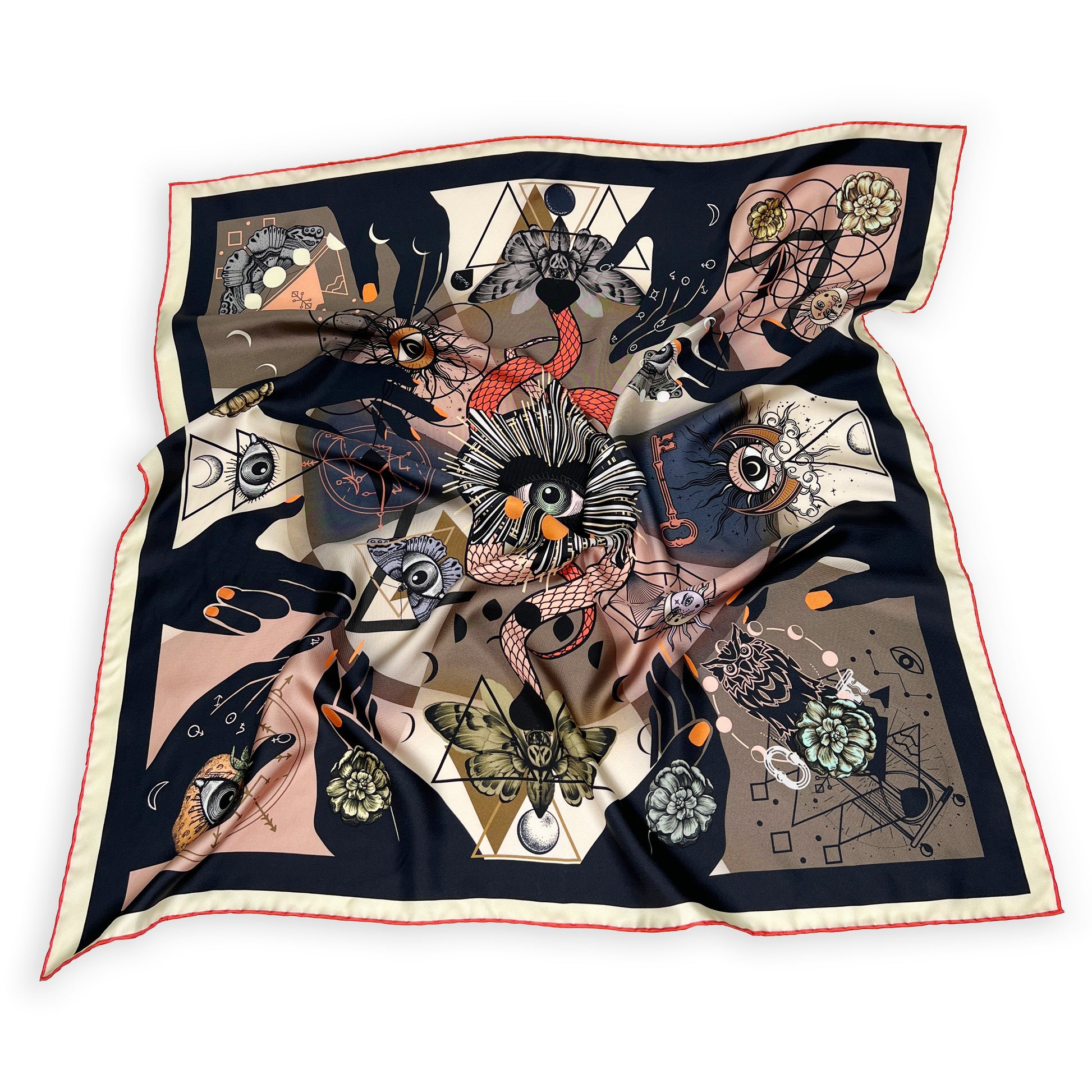 Foulala TAROT coral Foulard Seide Carré Illustration korall puder bunt Details