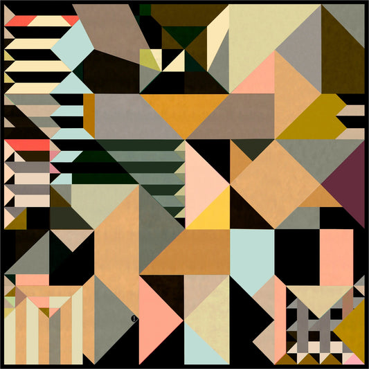 Geometrisches Muster mit farbigen Dreiecken, Rechtecken und Streifen auf sandfarbenem Hintergrund