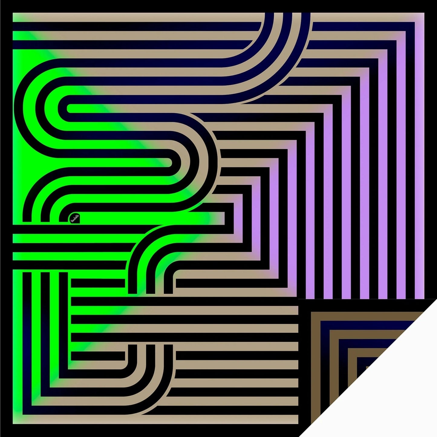 Abstraktes Muster mit schwarzen Linien, neonfarbenem Grün und Lila auf gerundeter Fläche, zweiseitig